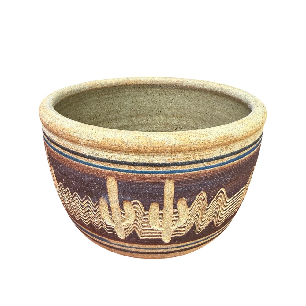 Vintage Studio Pottery Bowl Cactus Saguaro Stoneware Brown 6" Desert Art 1988